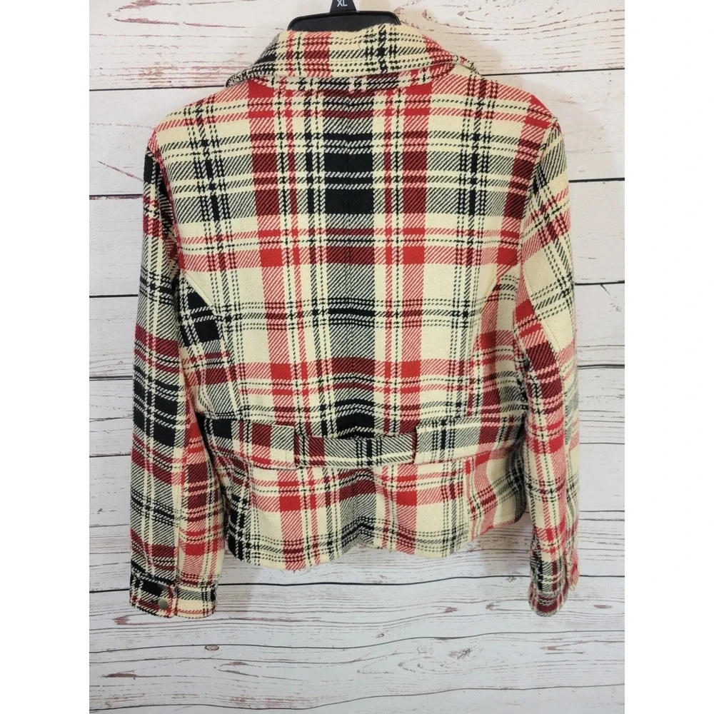 Cato Plaid Moto Jacket Belted Zip‎ Biker Chic Red Black Womens Size Large
